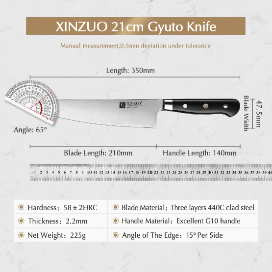 210mm Chef Knife 3 Layer 440C Core Clad Steel Kitchen Knives Stainless Steel Sharp Butchers Gyutou Knife with G10 Handle