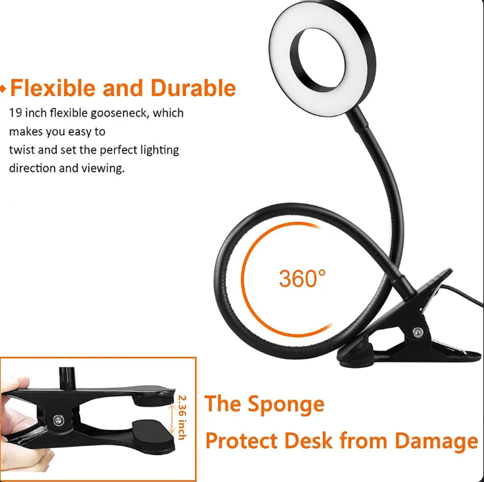 48 LEDs Clip on Desk Lamp 360°Flexible Gooseneck Reading Table Light Eye-Caring USB Clamp Books Night Light Study Reading Light