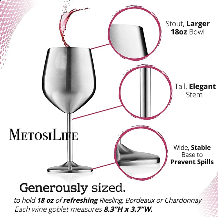 Stemmed Stainless Steel Wine Glasses 18 OZ Unbreakable Goblets Elegant Drinkware for Champagne and Cocktails